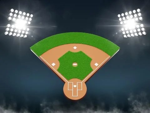 3d baseball field stadium at night with floodlights. Diamond shaped infield with Stock Illustration
