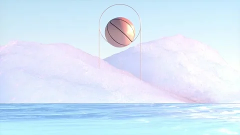 3d basketball bounces jump to the ground, cg mountain sea background looping Video stock 196967053