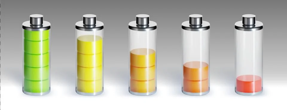 3D battery charge icons from empty to full levels Stock Illustration