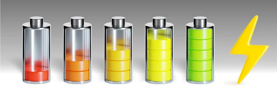 3D battery charge icons from empty to full levels Stock Illustration