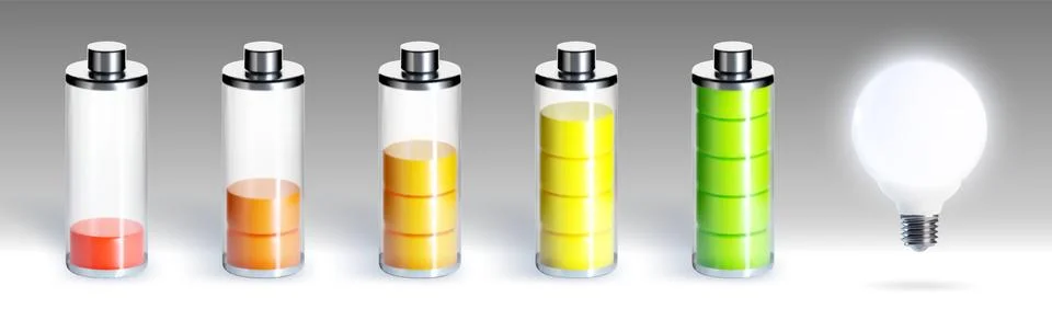 3D battery charge icons from empty to full levels Stock Illustration