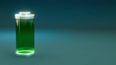 3D battery charging animation. Red liquid energy rises and gradually turns green Stock-Footage 312723850