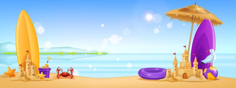 3D beach background, vector cartoon ocean tropical landscape, sand castle Stock Illustration