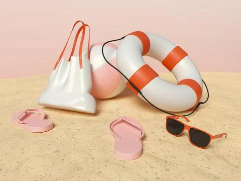 3d beach elements on sand. Summer holidays Stock Illustration