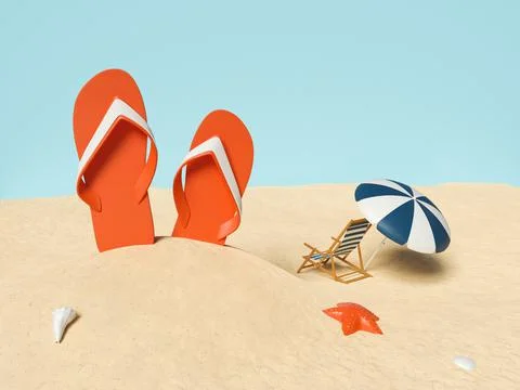3d beach elements on sand. Summer holidays Stock Photos