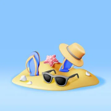 3d beach flip flops, hat, sunglasses in sand Illustrazione stock