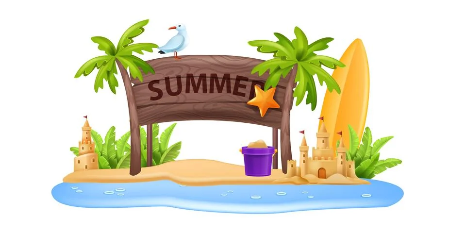 3D beach sign post, board vacation summer travel vector frame Stock Illustration
