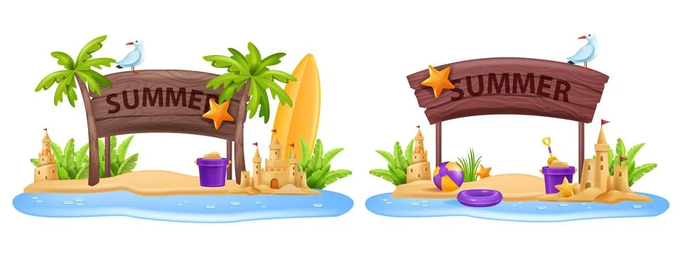 3D beach sign post set, board vacation summer travel vector frame Stock Illustration