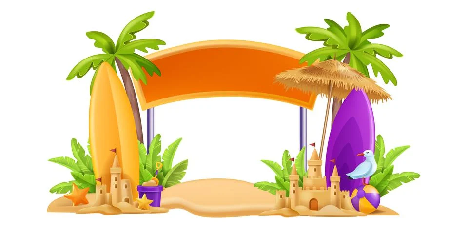 3D beach sign post, summer board, vector vacation travel frame Stock Illustration