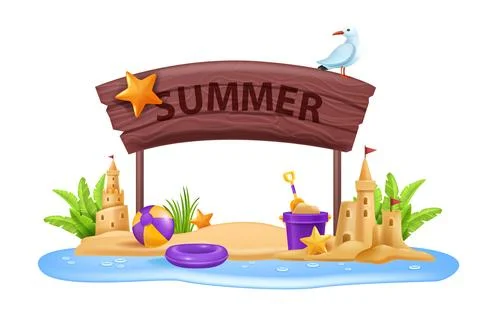 3D beach sign post, summer board vacation travel vector frame Stock Illustration