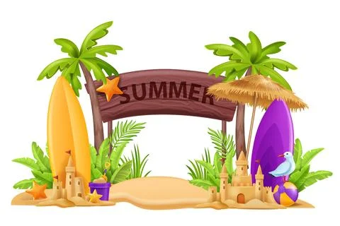 3D beach sign post, summer board, vector vacation travel frame, exotic palm Stock Illustration