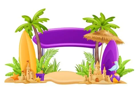 3D beach sign post, vector summer board, vacation travel frame Stock Illustration
