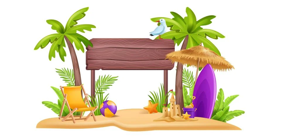 3D beach sign post, vector summer board vacation travel frame Stock Illustration