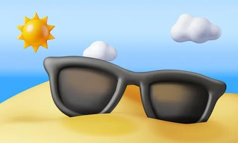 3d beach with sunglasses in sand over sea Stock-Illustration