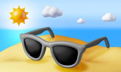 3d beach with sunglasses in sand over sea Stock-Illustration