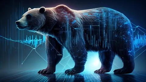 3d of a bear on a dark background with financial charts Stock Illustration