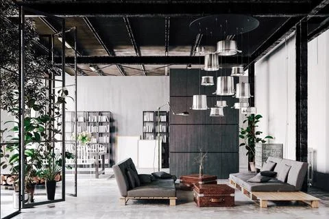 3d beautiful bright interior render with big windows and concrete floor Stock Illustration