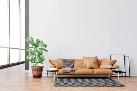 3d beautiful interior with couch and home plant Stock Illustration