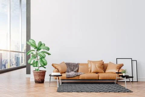 3d beautiful interior with couch and home plant Stock Illustration