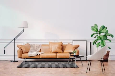 3d beautiful interior with couch and home plant Stock Illustration