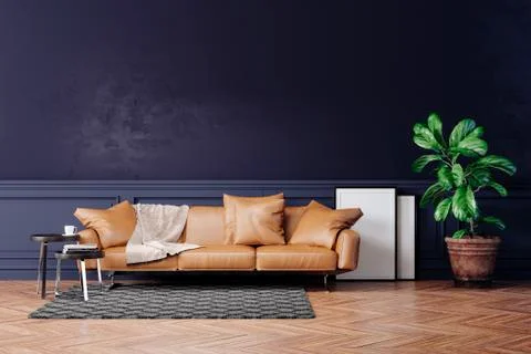 3d beautiful interior with couch and home plant Stock Illustration