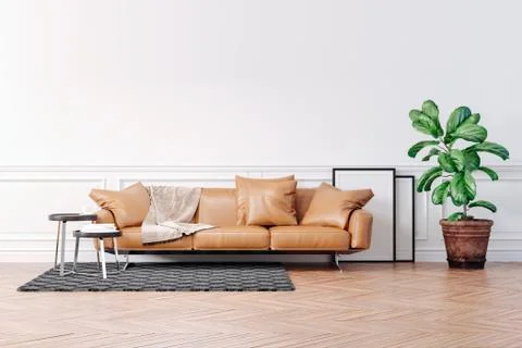 3d beautiful interior with couch and home plant Illustrazione stock