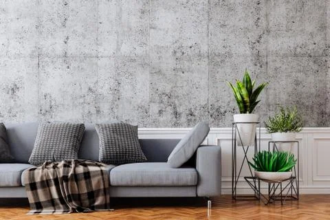 3d beautiful interior with couch and concrete vintage wall Stock Illustration
