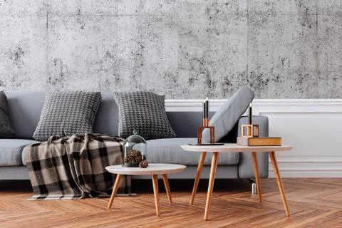3d beautiful interior with couch and concrete vintage wall Stock Illustration