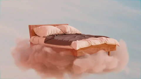 3D bed floating on clouds in soft daylight — dreamlike 4K loop animation Stock Footage 319652862
