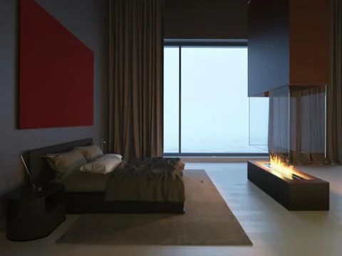3d bedroom with fireplace Stock Illustration
