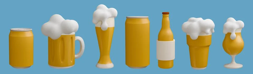 3d beer. Alcohol drink render, beverage glass mug or can, jar with foam cold Stock Illustration