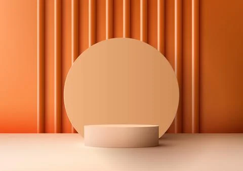 3D Beige Podium with Circle Backdrop and Orange Color Wall Scene Stock Illustration