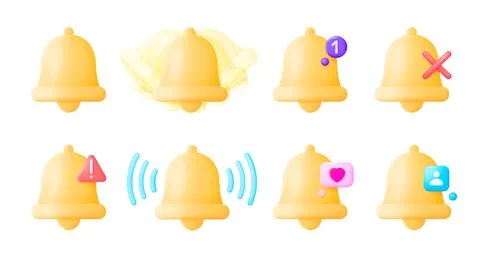 3D Bell set on white background. Message notification icon. Social media. Phone Illustrazione stock