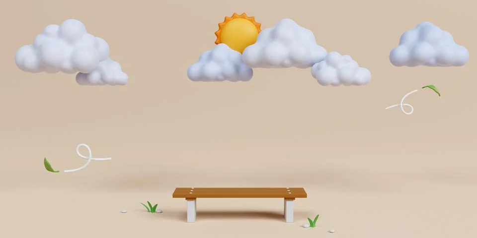 3d bench with Cloudy and sun on beige background. 3d rendering illustration. Stock Illustration