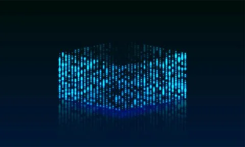 3D big data cube made of glowing particles. Isometric bright box with reflection Illustrazione stock