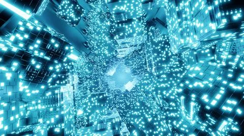 3D Big Data Digital background with futuristic matrix. 3D graphic flying through Illustrazione stock