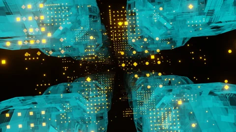 3D Big Data Digital blue-green Cube Square tunnel with Futuristic yellow Matrix Stock Footage 155735711