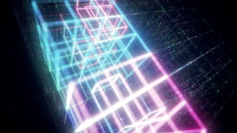 3D Big Data Digital Cube Cyber Pank Square with Futuristic Matrix Video stock 147332966