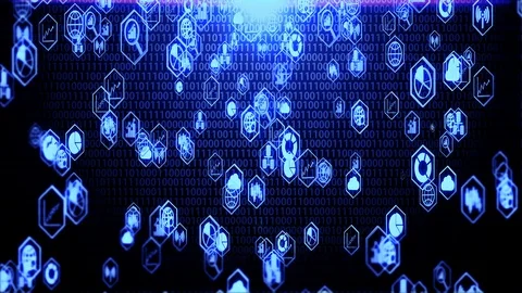 3D Big Data Icons Hovering on Random Binary Code Background with Blue Lighting Stock Footage 125413155