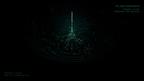 3D Big Data Spire and Swirling HUD Particle Vortex Motion Graphic Stock Footage 343803485