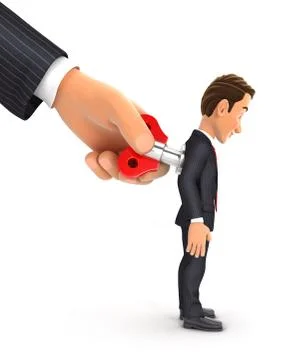 3d big hand turning wind up key on businessman back Stock Illustration