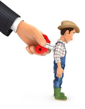 3d big hand turning wind up key on farmer back Stock Illustration