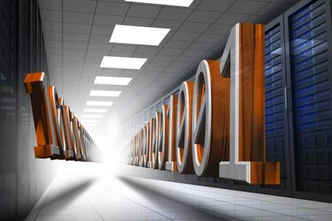 3d binary code in data center hallway イラスト素材