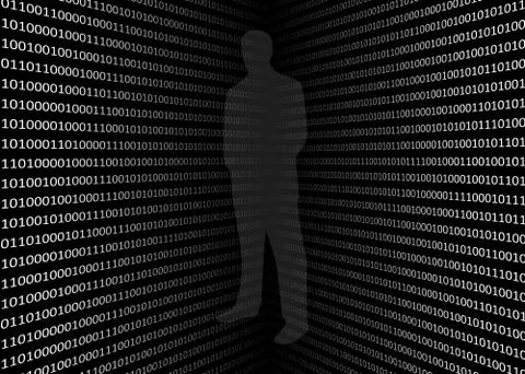 3D binary code screen with anonymous hacker on black background Illustrazione stock