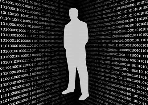 3D binary code screen with anonymous hacker on black background Stock Illustration
