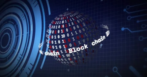 3D binary sphere rotating after Block chain band sweep, revealing code overlays Stock Footage 331789253