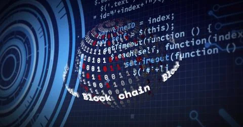 3D binary sphere rotating after Block chain band sweep, revealing code overlays Stockillustratie
