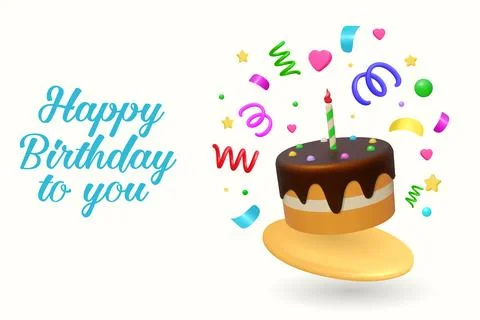 3d Birthday cake and confetti. For Happy Birthday greeting card, poster or .. Stock Illustration