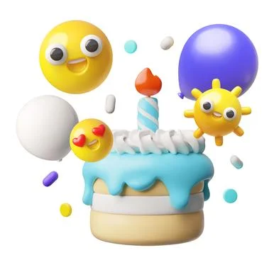 3D birthday cake with blue icing, candle, balloons, and smiley faces. Stock Illustration