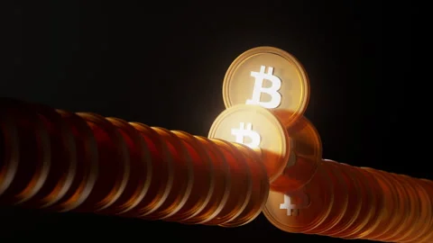 3D bitcoin coin activation loop animation. Golden transparent crypto coins array Stock Footage 327646916